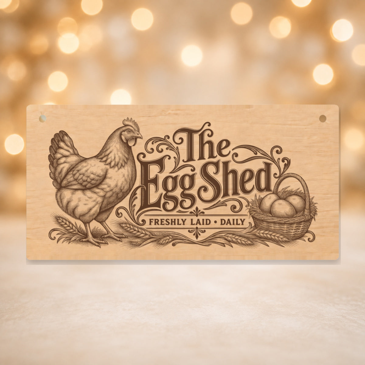631 The Egg Shed chicken keeper wooden plaque on a gold background
