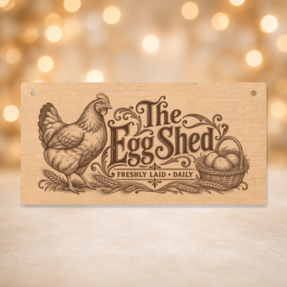 631 The Egg Shed chicken keeper wooden plaque on a gold background