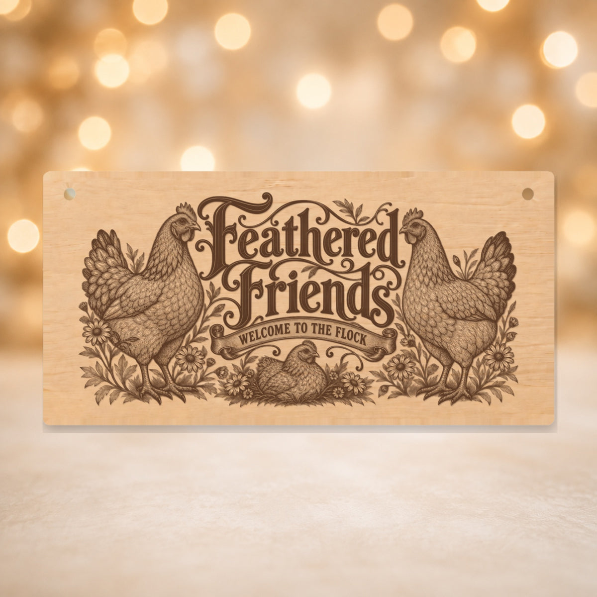 632 Feathered Friends chicken keeper wooden plaque on a gold background