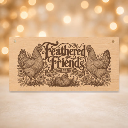 632 Feathered Friends chicken keeper wooden plaque on a gold background
