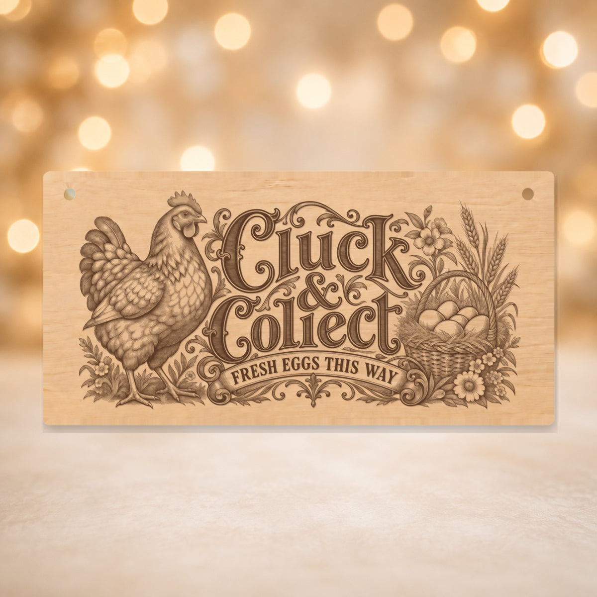 633 Cluck & Collect chicken keeper wooden plaque on a gold background
