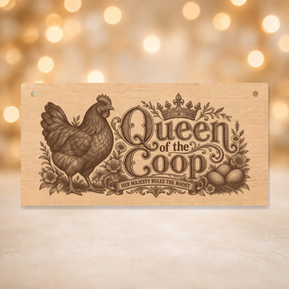 635 Queen of the Coop chicken keeper wooden plaque on a gold background