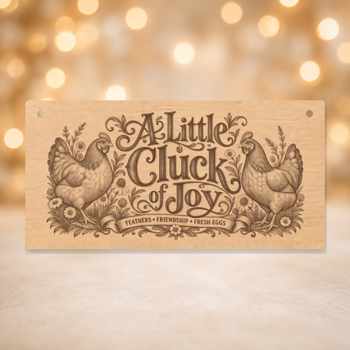637 A Little Cluck of Joy chicken keeper wooden plaque on a gold background