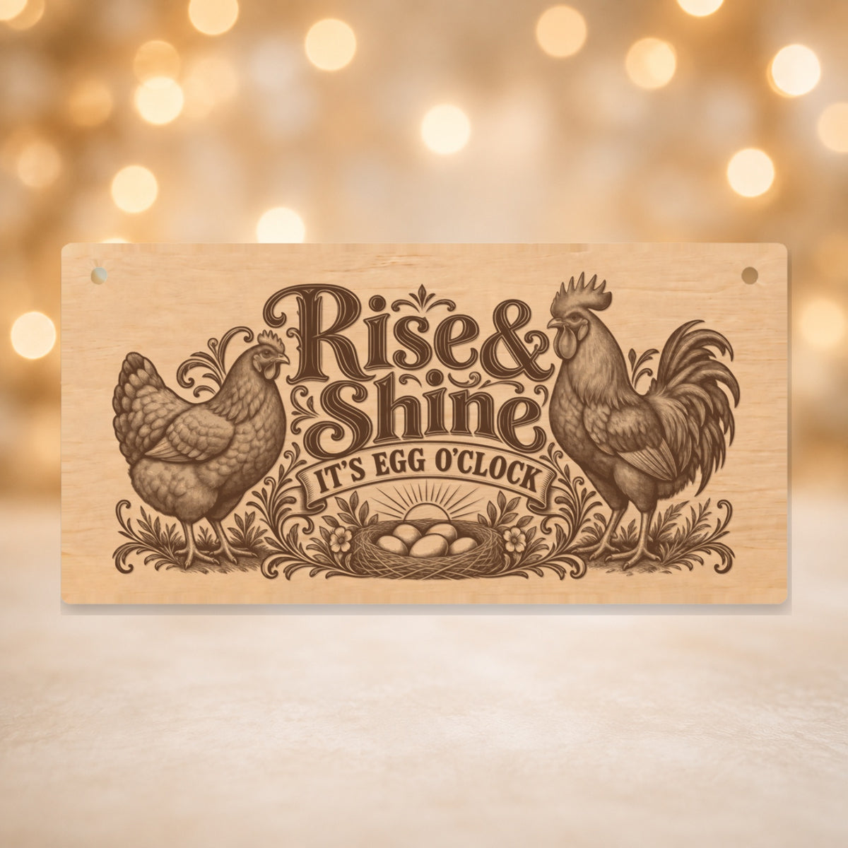 638 Rise & Shine chicken keeper wooden plaque on a gold background
