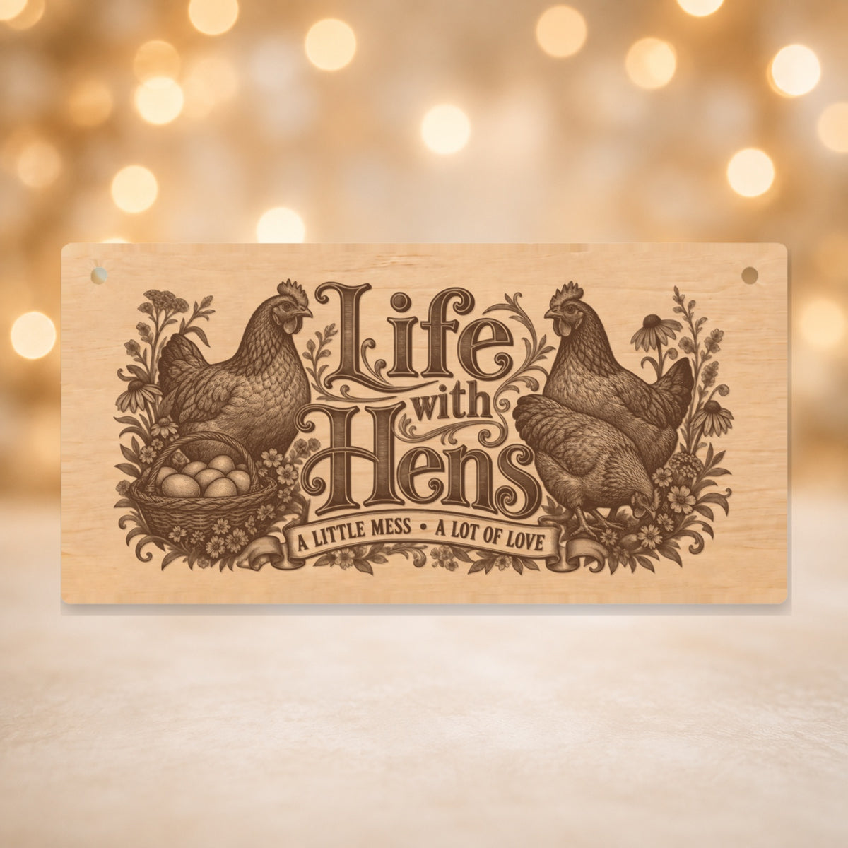 639 Life with Hens chicken keeper wooden plaque on a gold background