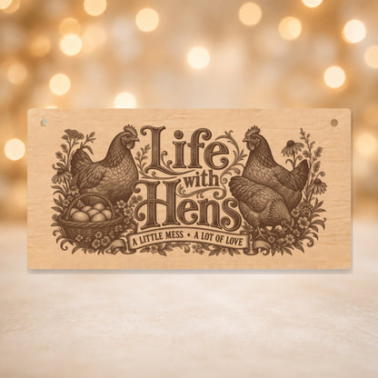 639 Life with Hens chicken keeper wooden plaque on a gold background