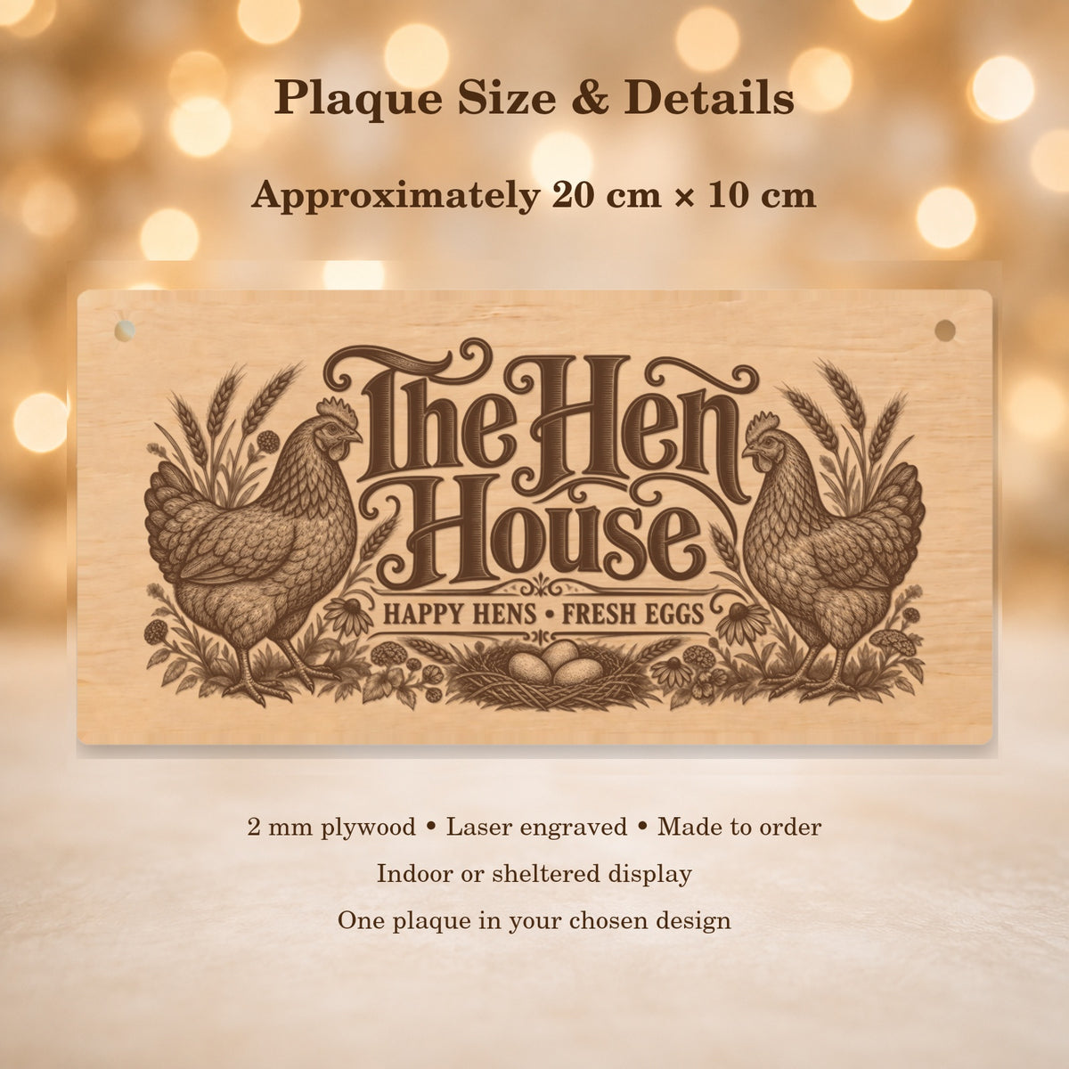 Plaque size approximately 20 cm by 10 cm, 2 mm plywood, one chosen design