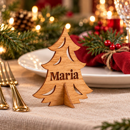 Wooden Christmas place name stand - Angel design shown at a festive dinner setting