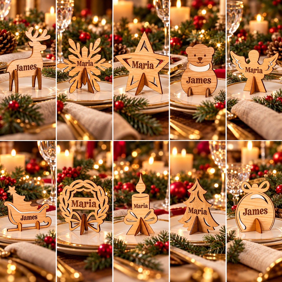 Wooden Christmas place name stand - Collection design shown at a festive dinner setting