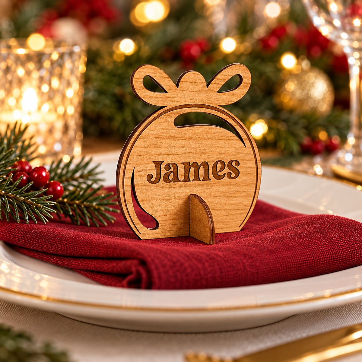 Wooden Christmas place name stand - Gift design shown at a festive dinner setting