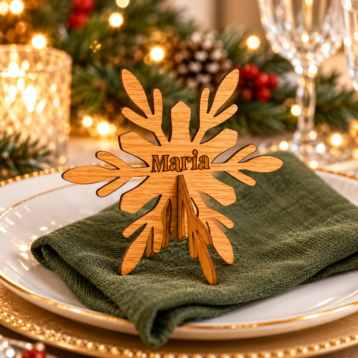 Wooden Christmas place name stand - Snowflake design shown at a festive dinner setting