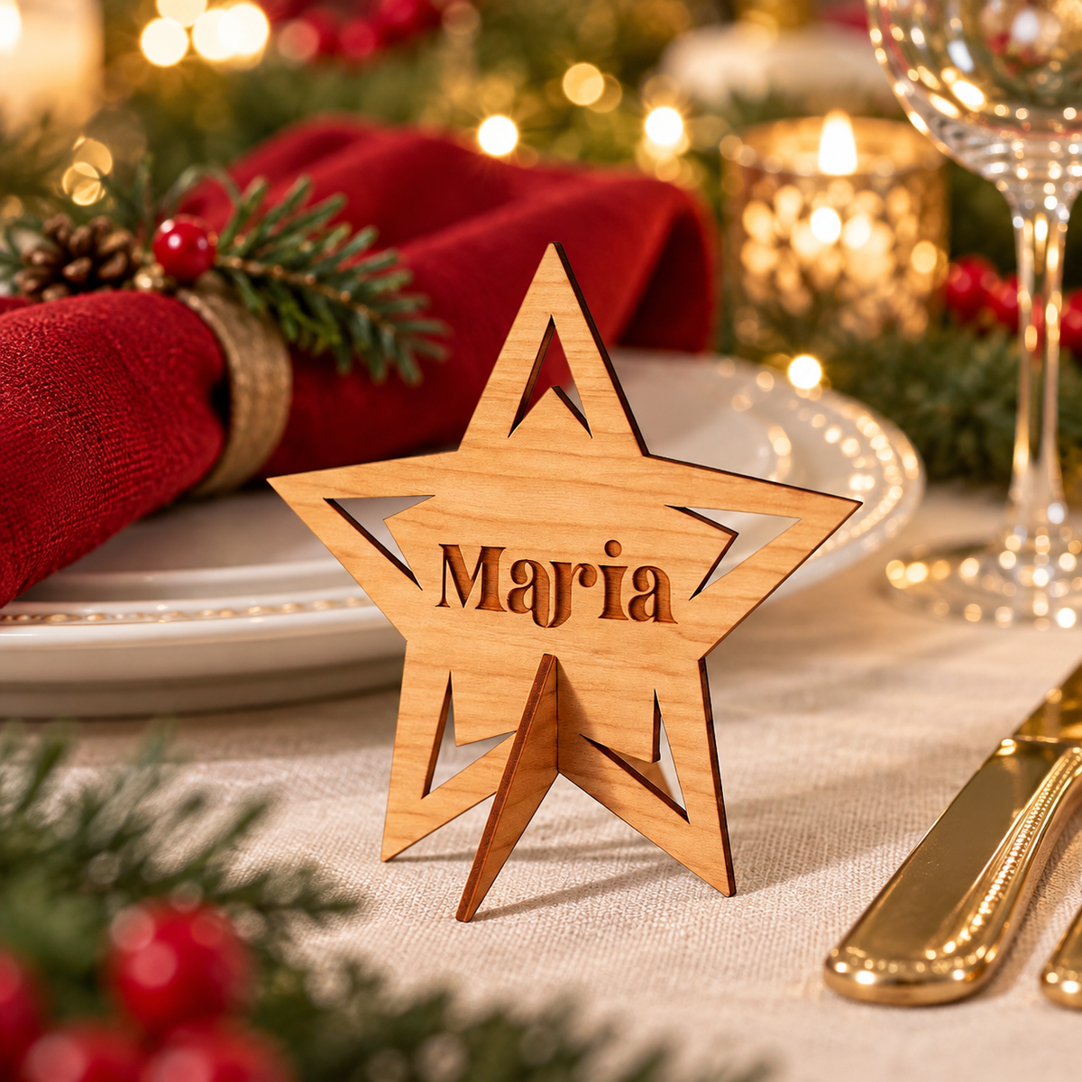 Wooden Christmas place name stand - Star design shown at a festive dinner setting