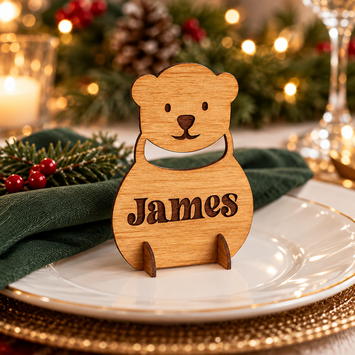 Wooden Christmas place name stand - Teddy bear design shown at a festive dinner setting
