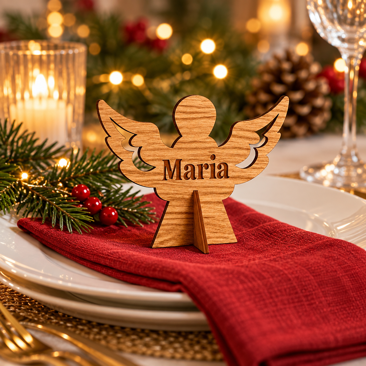 Wooden Christmas place name stand - Tree design shown at a festive dinner setting