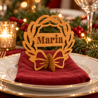 Wooden Christmas place name stand - Wreath design shown at a festive dinner setting