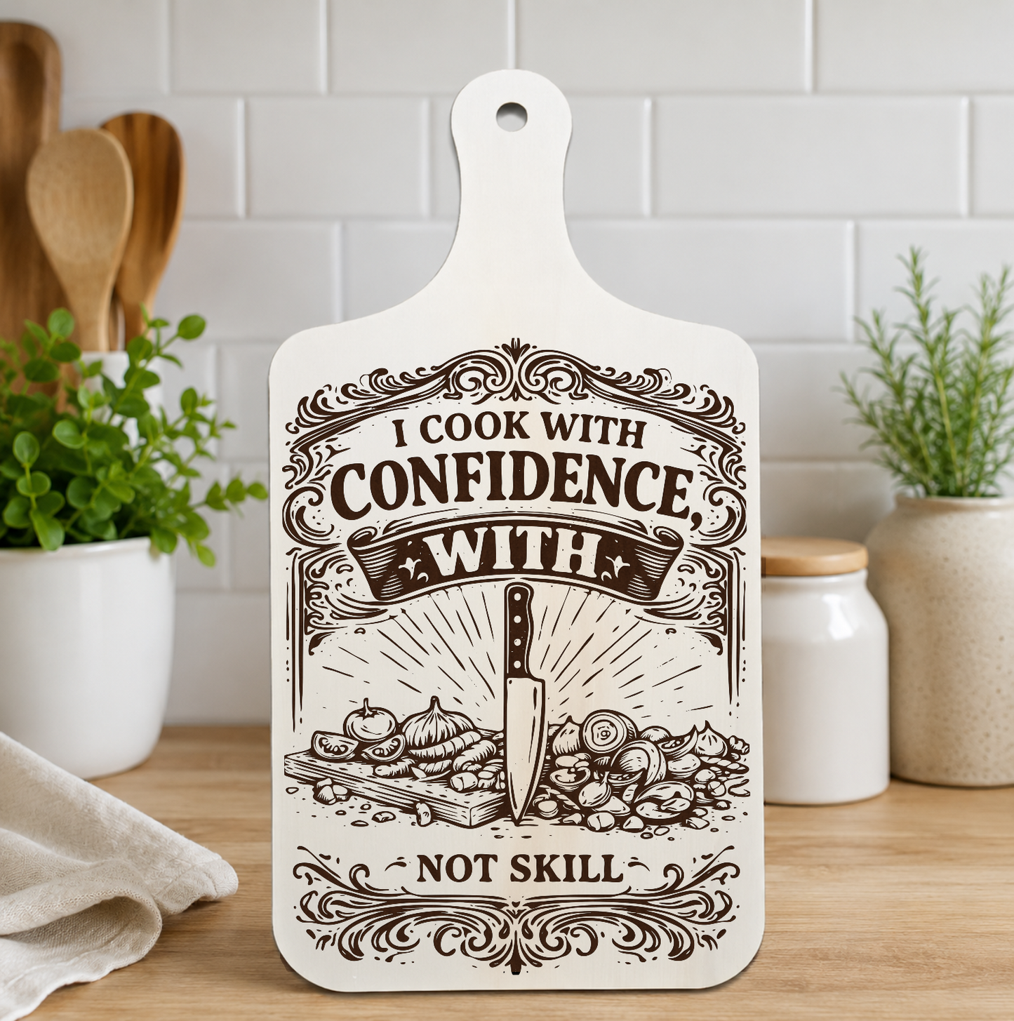 I Cook With Confidence engraved wooden wall plaque displayed in a kitchen
