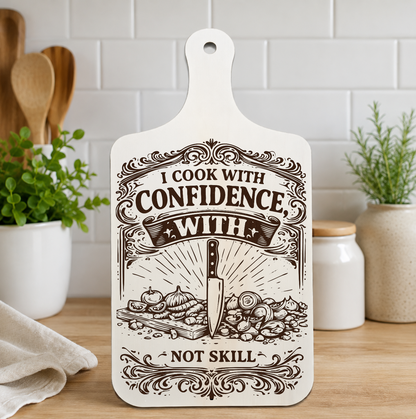 I Cook With Confidence engraved wooden wall plaque displayed in a kitchen