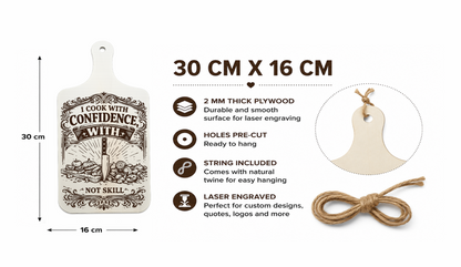 I Cook With Confidence wooden plaque size guide showing 30 x 16 cm and 2 mm thickness