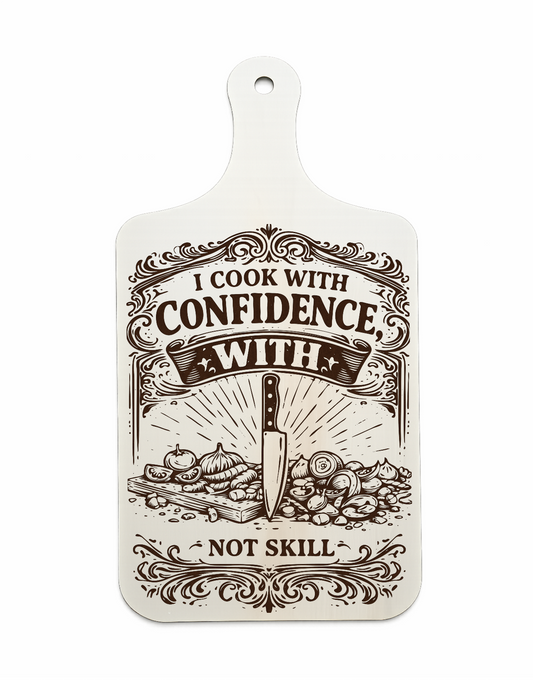I Cook With Confidence laser-engraved wooden chopping-board wall plaque on a white background