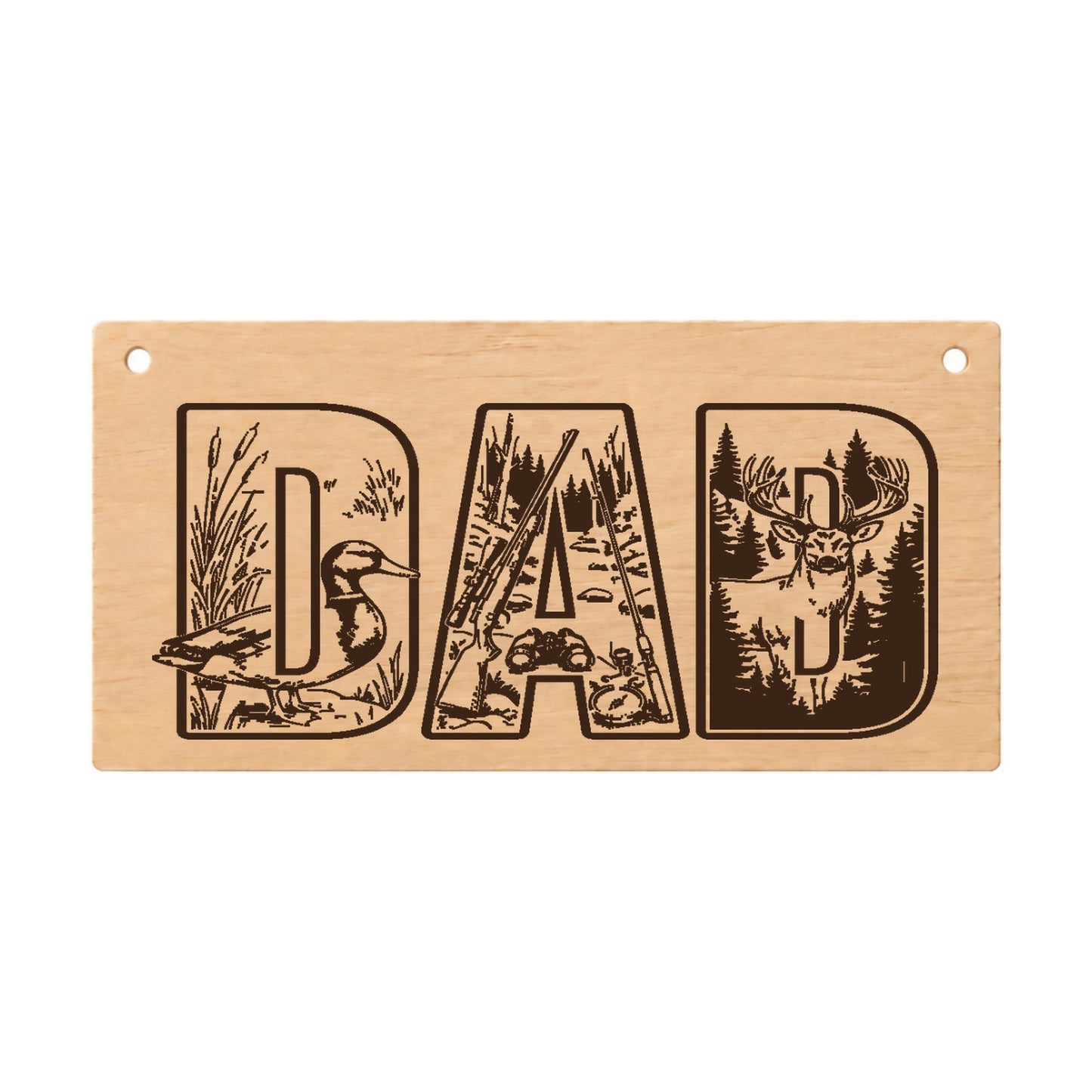 Dad the Hunter laser engraved wooden plaque on a white background