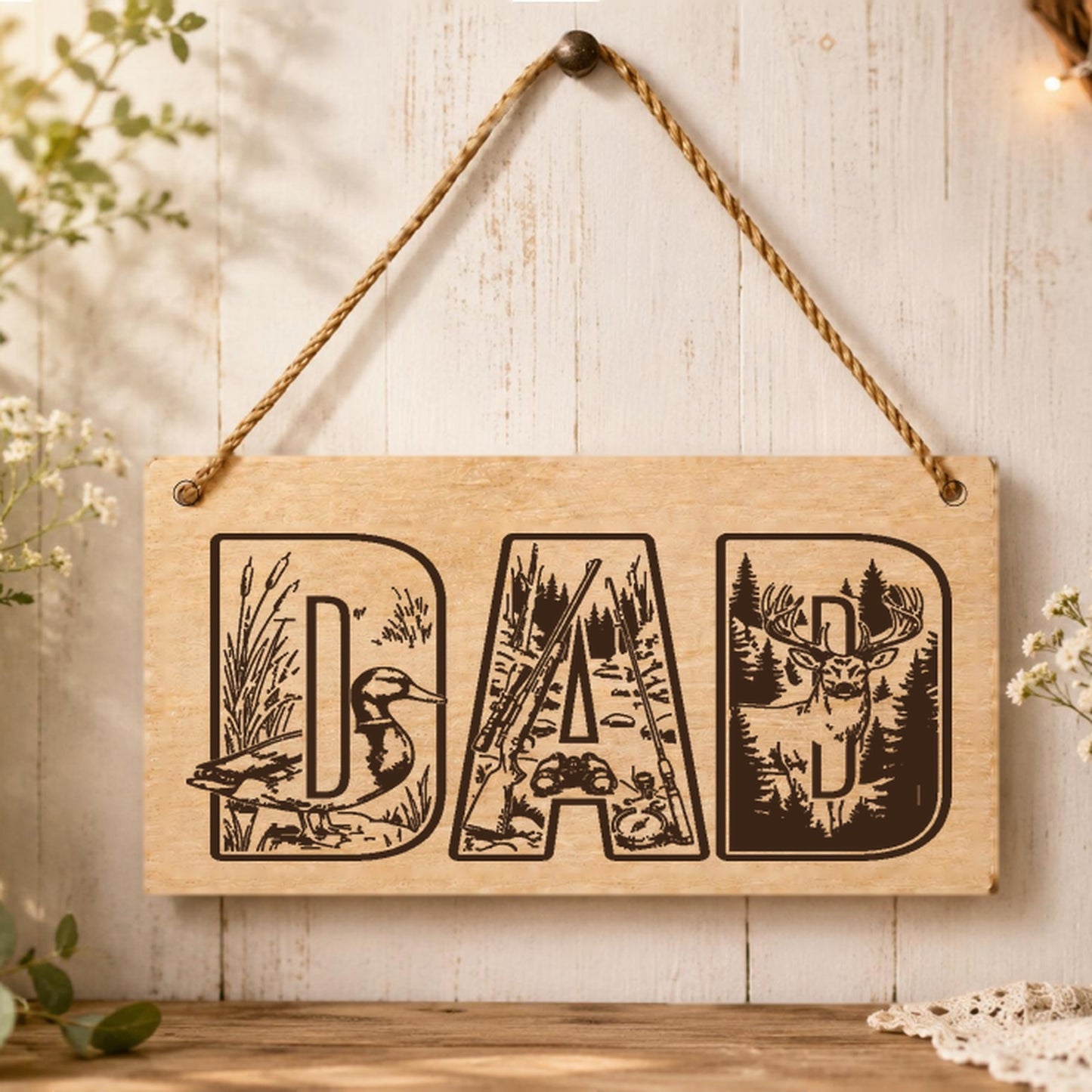 Dad the Hunter wooden plaque displayed in an outdoor setting