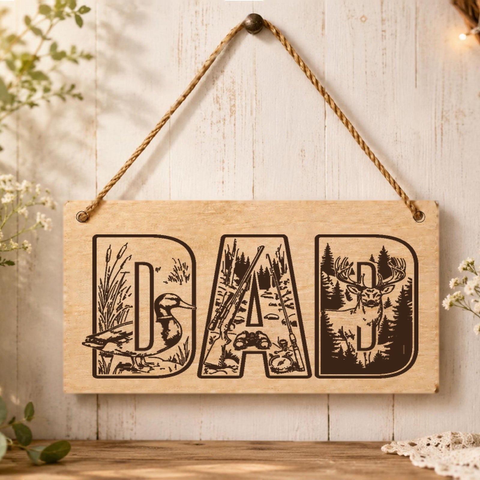 Dad the Hunter wooden plaque displayed in an outdoor setting