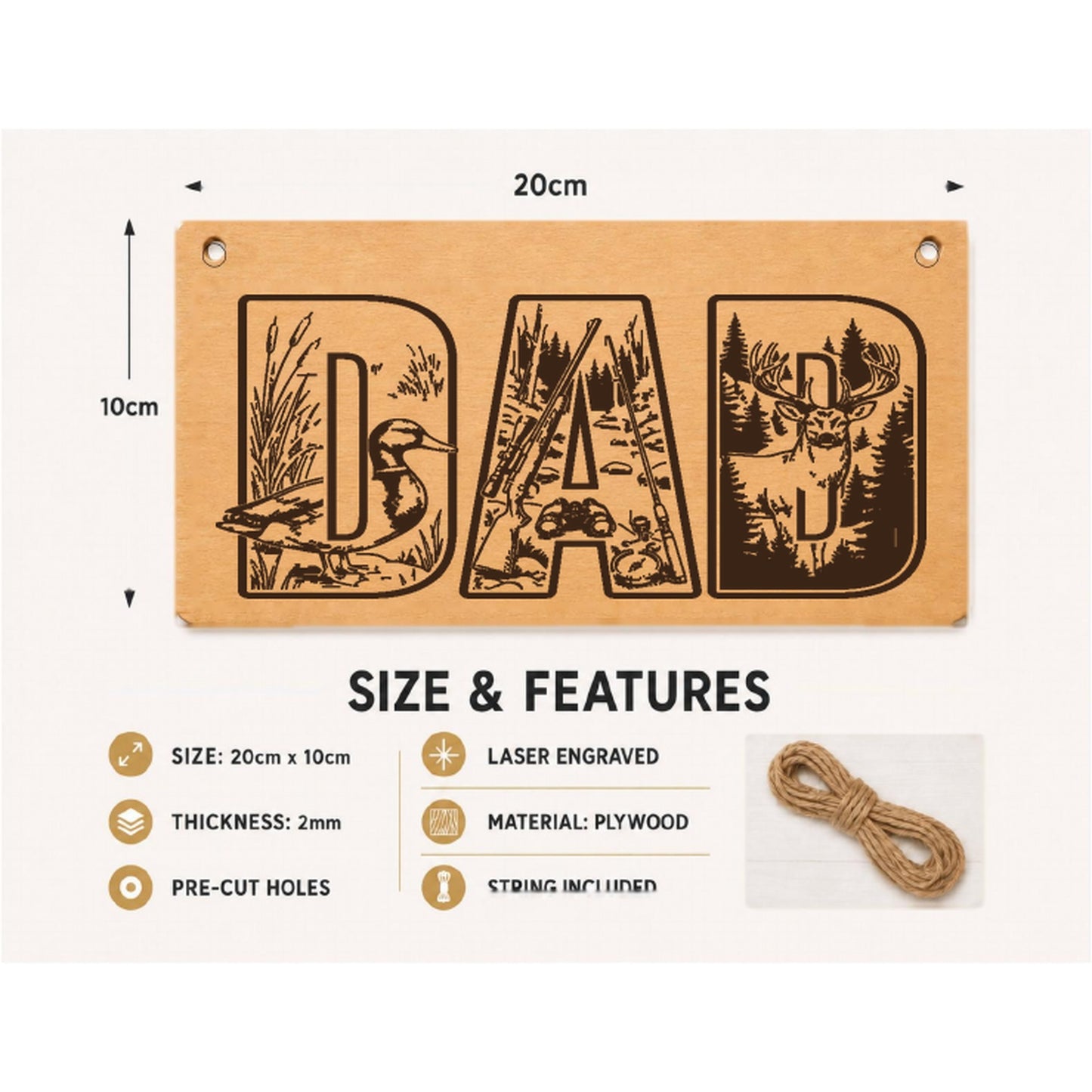 Dad the Hunter plaque showing 20 x 10 cm size and product features