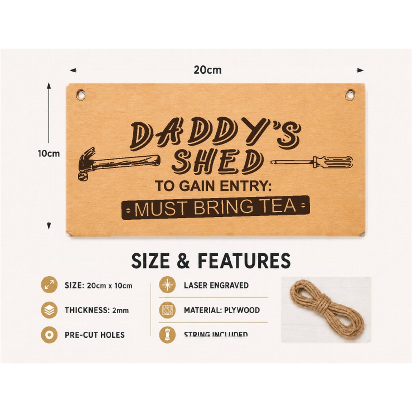 Daddy's Shed plaque showing 20 x 10 cm size and product features