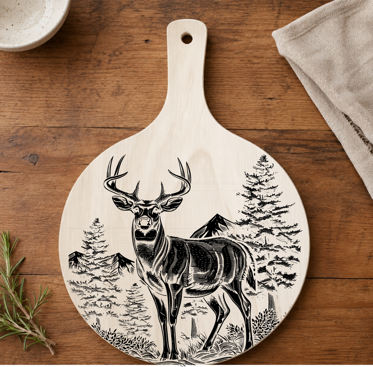 Laser Engraved Wooden Round Paddle Plaque Deer Stag Mountain Trees 25cm x 18cm