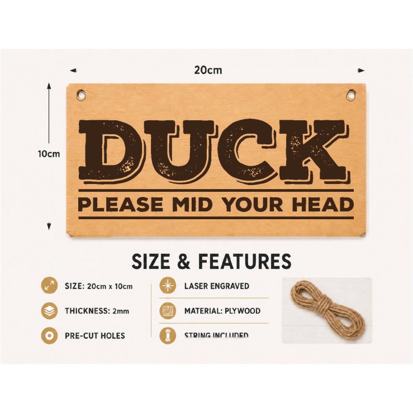 Duck Please Mind Your Head plaque showing 20 x 10 cm size and product features