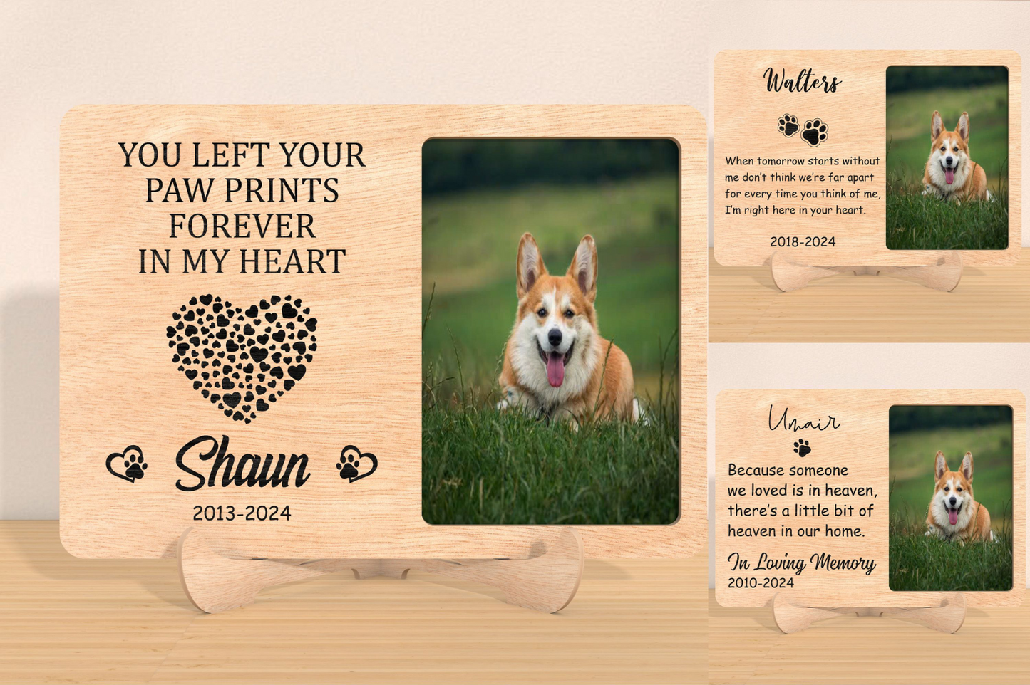 Personalised dog memorial photo plaque with wooden stand