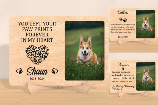 Personalised dog memorial photo plaque with wooden stand