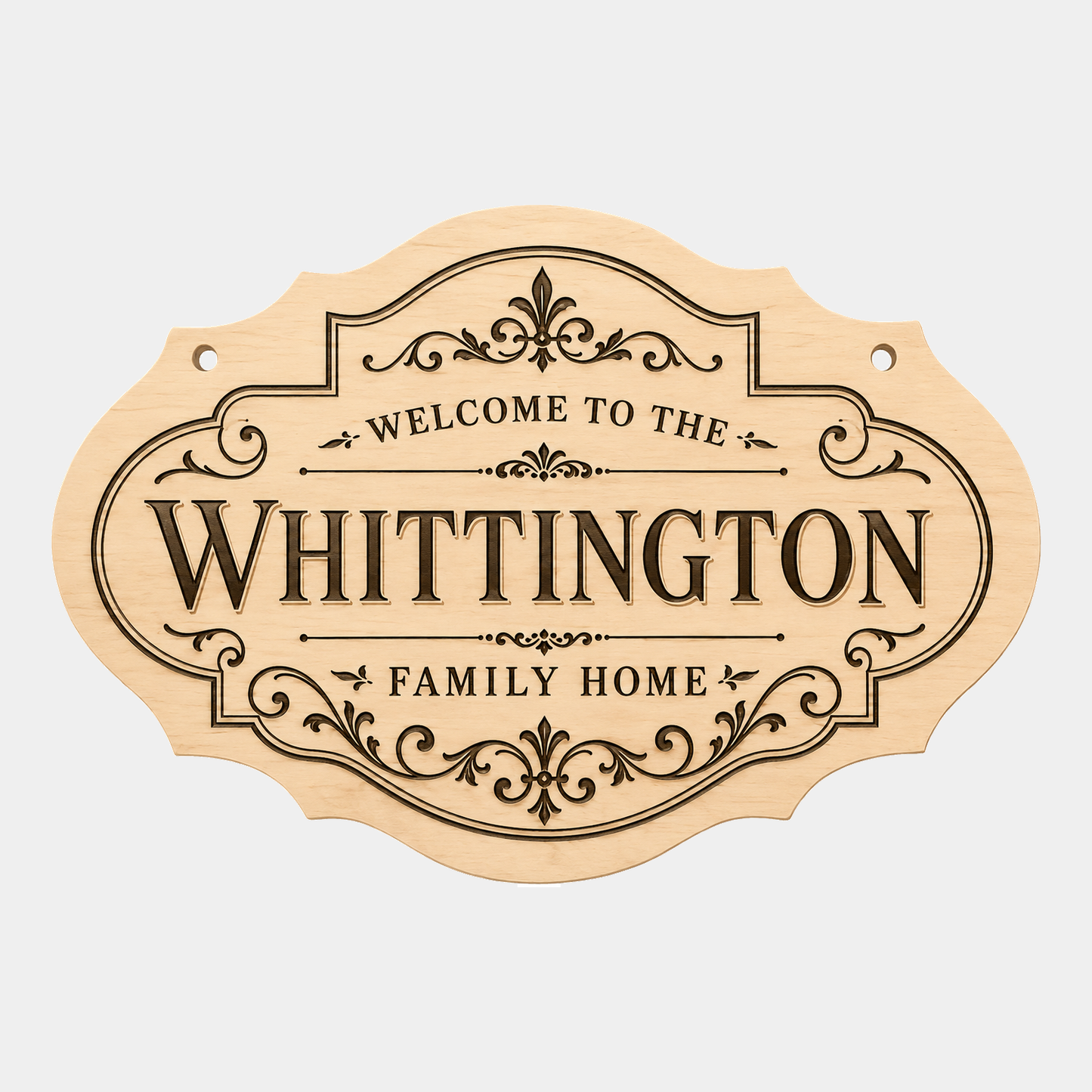 Personalised family name fancy oval plaque style one on a white background