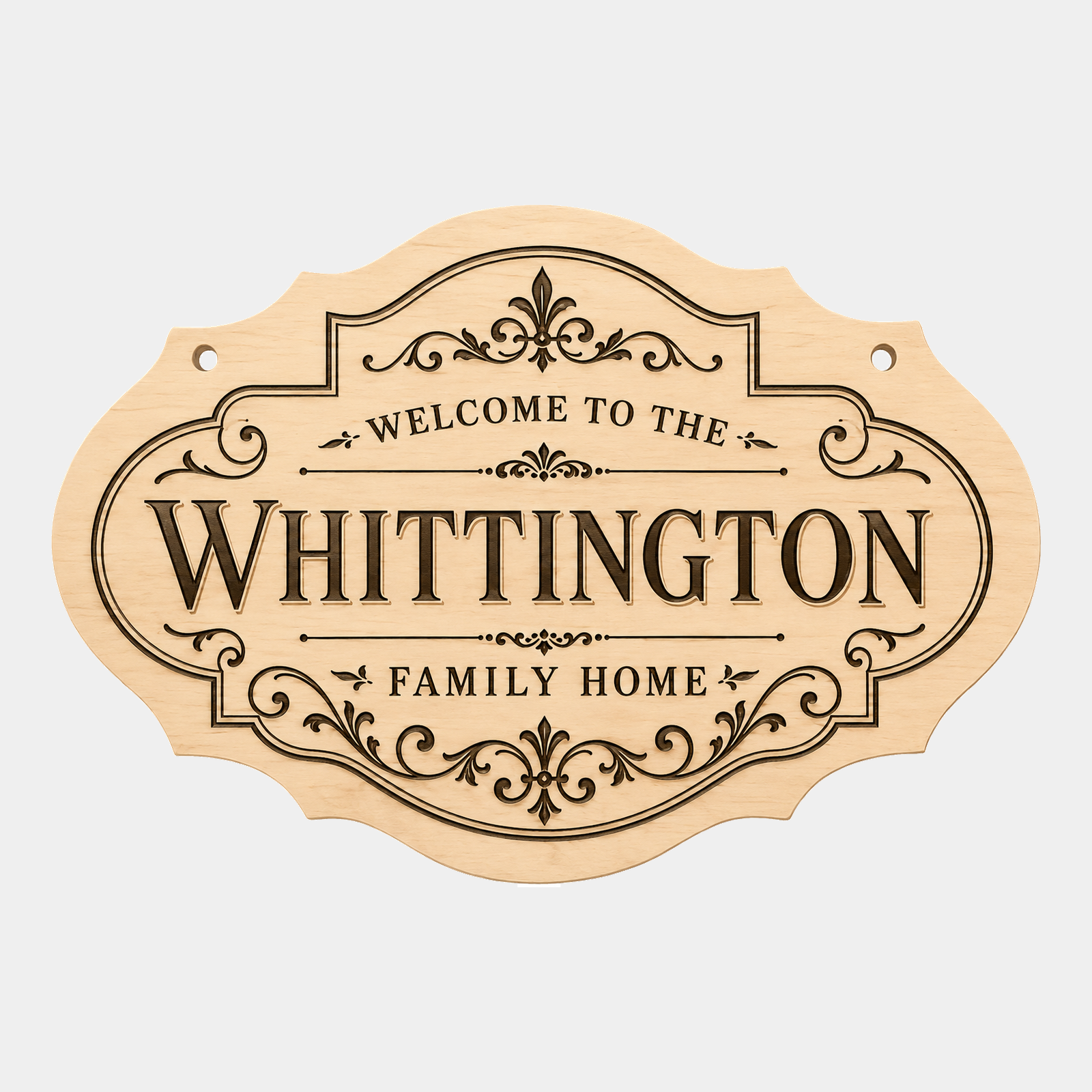 Personalised family name fancy oval plaque style one on a white background