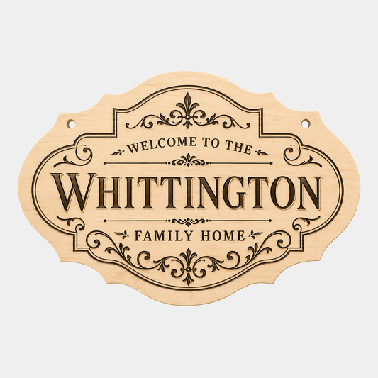 Personalised family name fancy oval plaque style one on a white background