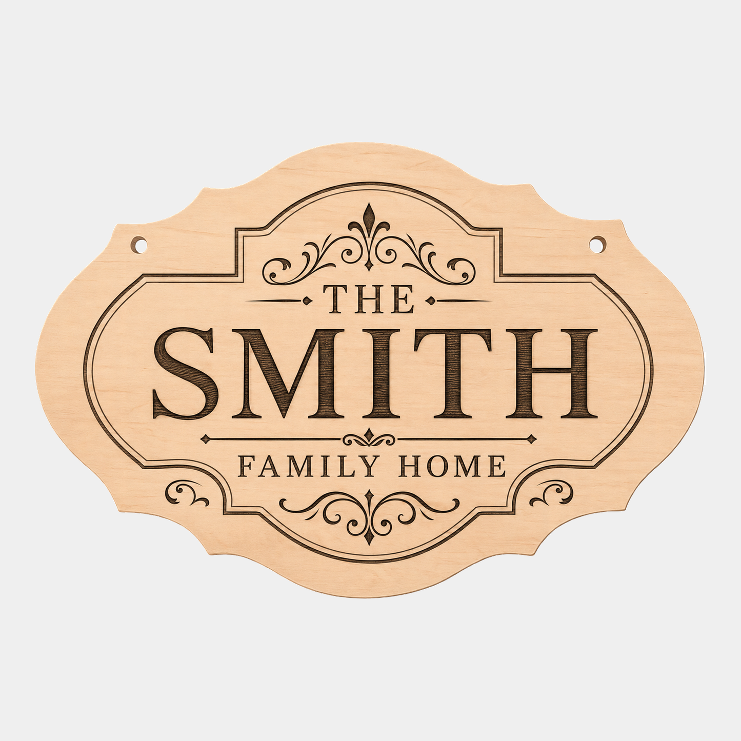 Personalised family name fancy oval plaque style two on a white background