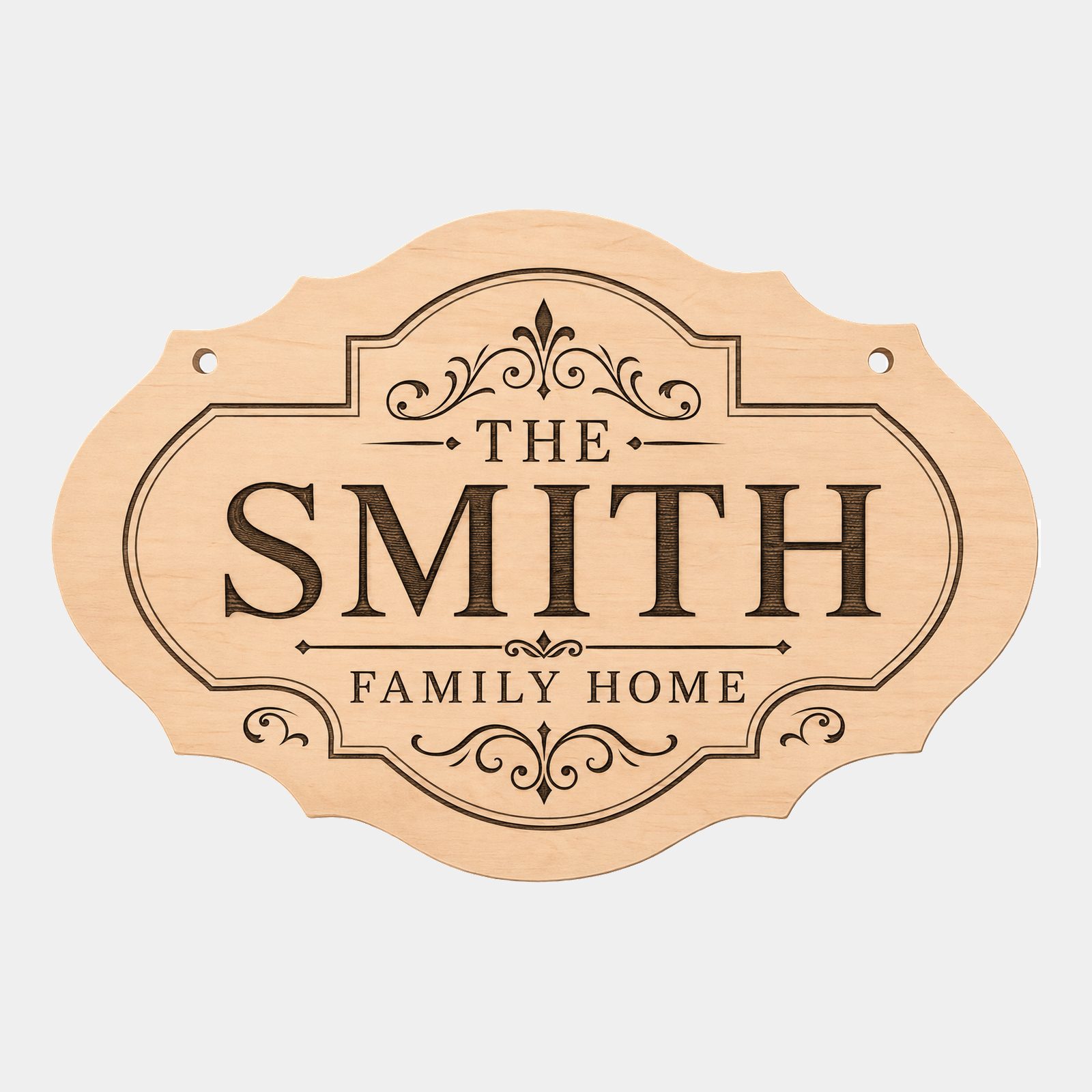 Personalised family name fancy oval plaque style two on a white background