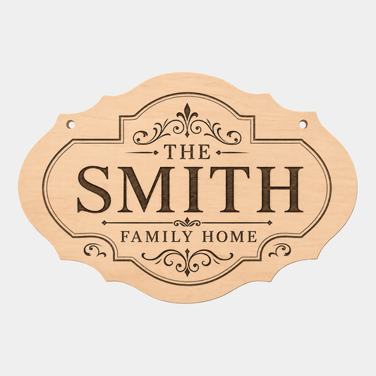 Personalised family name fancy oval plaque style two on a white background