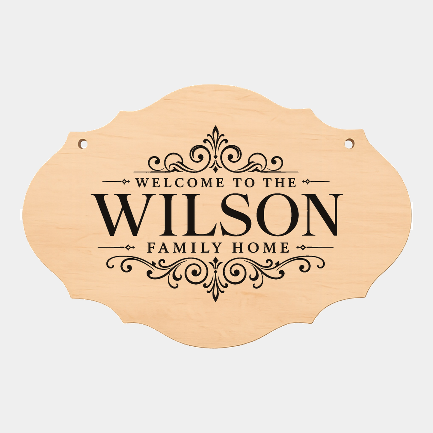 Personalised family name fancy oval plaque style three on a white background
