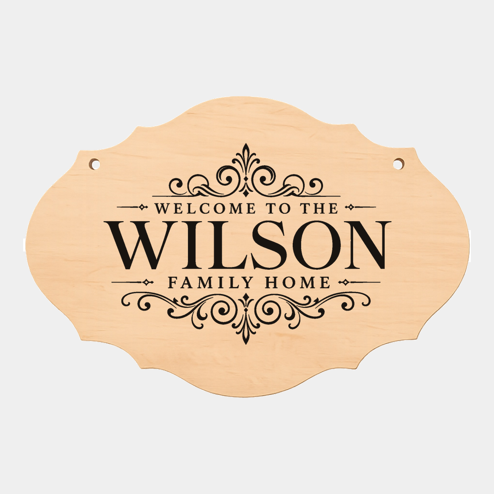 Personalised family name fancy oval plaque style three on a white background
