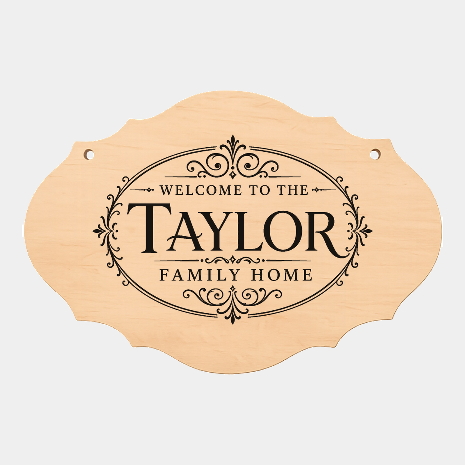 Personalised family name fancy oval plaque style four on a white background