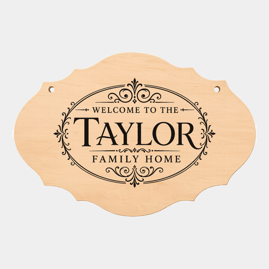 Personalised family name fancy oval plaque style four on a white background