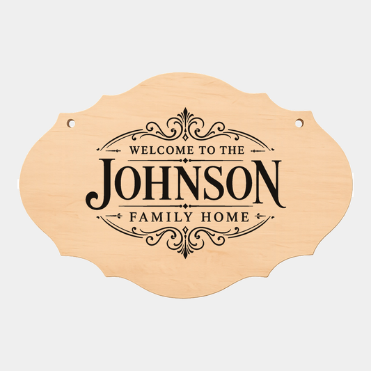 Personalised family name fancy oval plaque style five on a white background