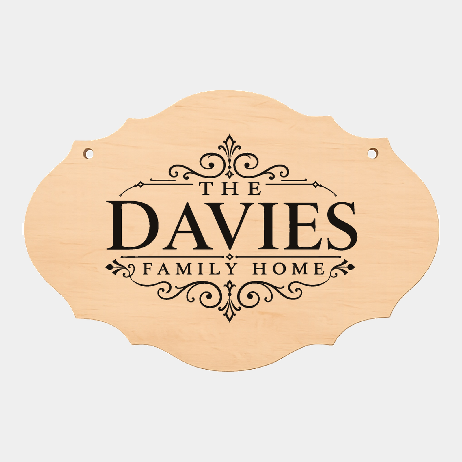 Personalised family name fancy oval plaque style seven on a white background