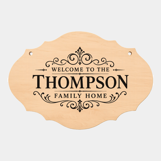 Personalised family name fancy oval plaque style eight on a white background