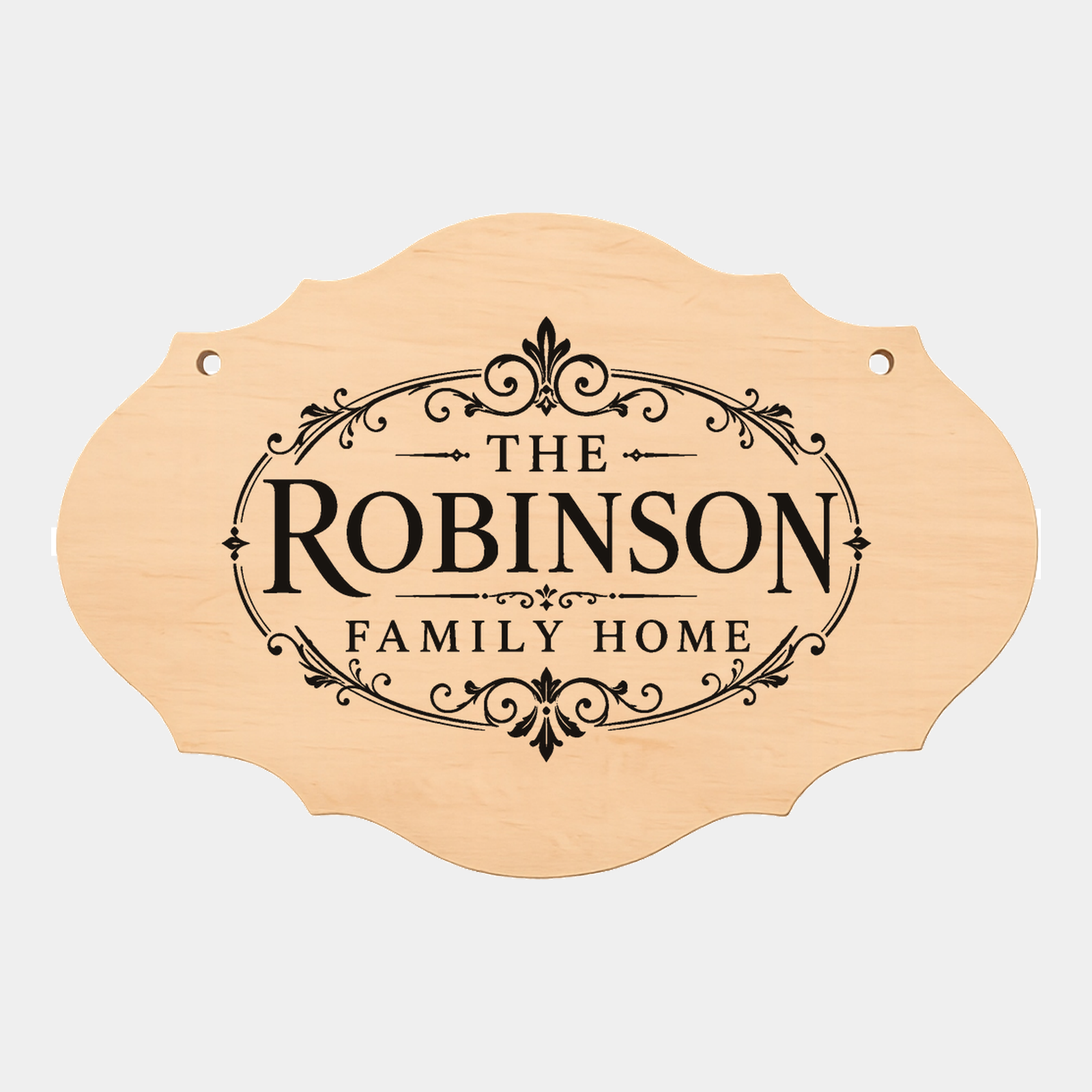 Personalised family name fancy oval plaque style nine on a white background