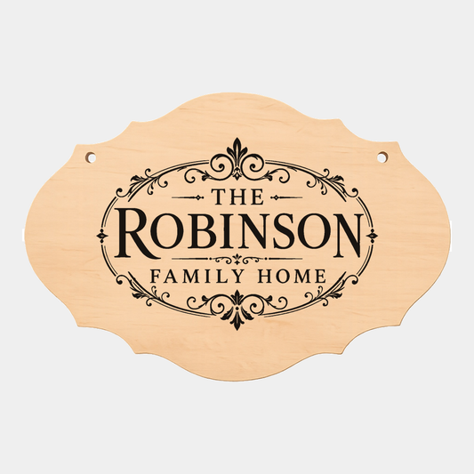 Personalised family name fancy oval plaque style nine on a white background