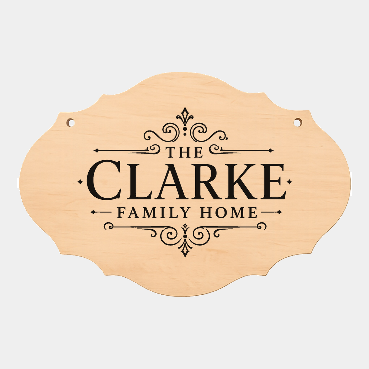 Personalised family name fancy oval plaque style ten on a white background