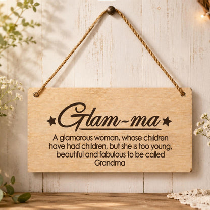 Glam-ma grandmother gift plaque displayed in a home setting