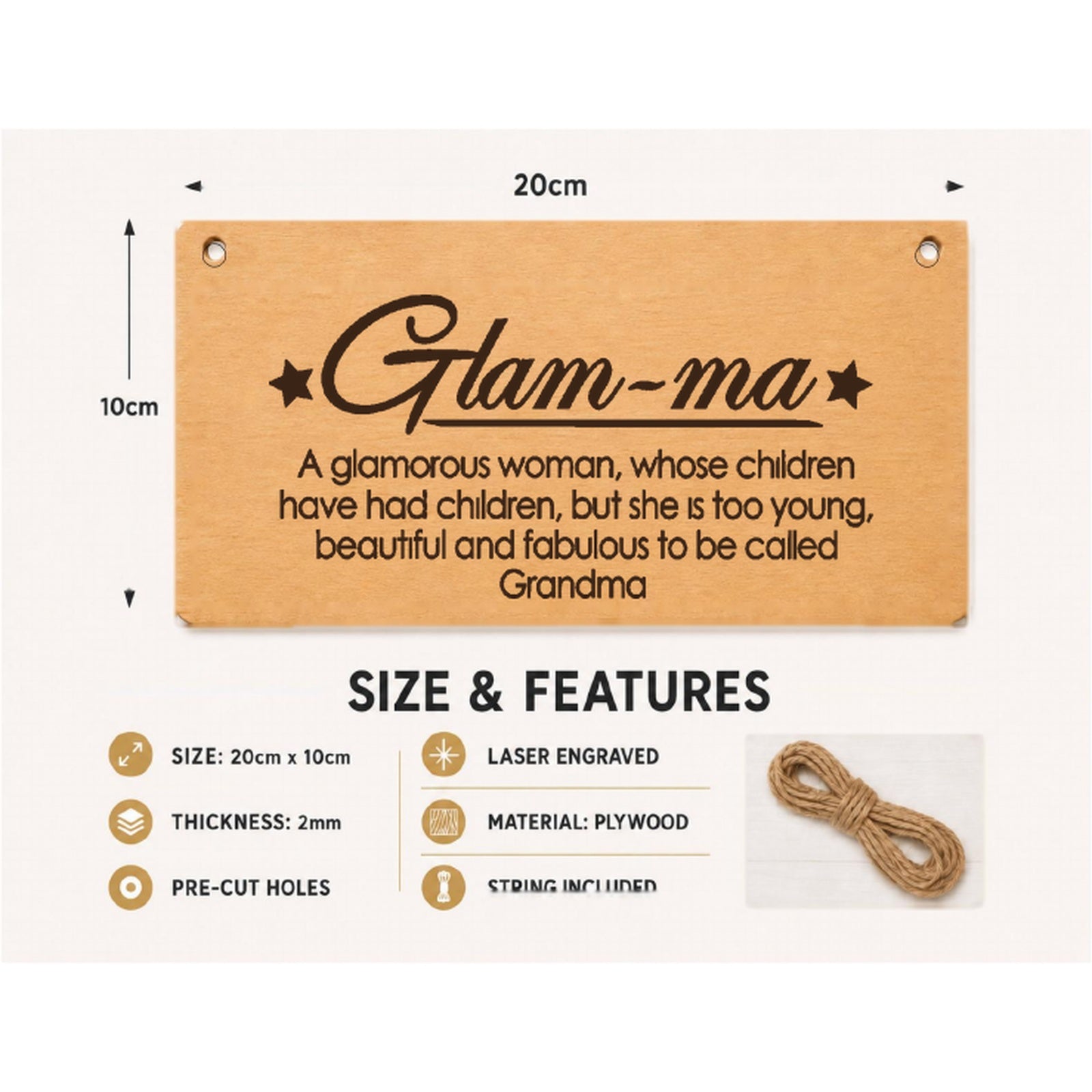 Glam-ma plaque showing 20 x 10 cm size and product features
